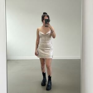 Kiss The Sky Off-White Satin Mini Slip Dress Corset Lace-Up Cowl Neck